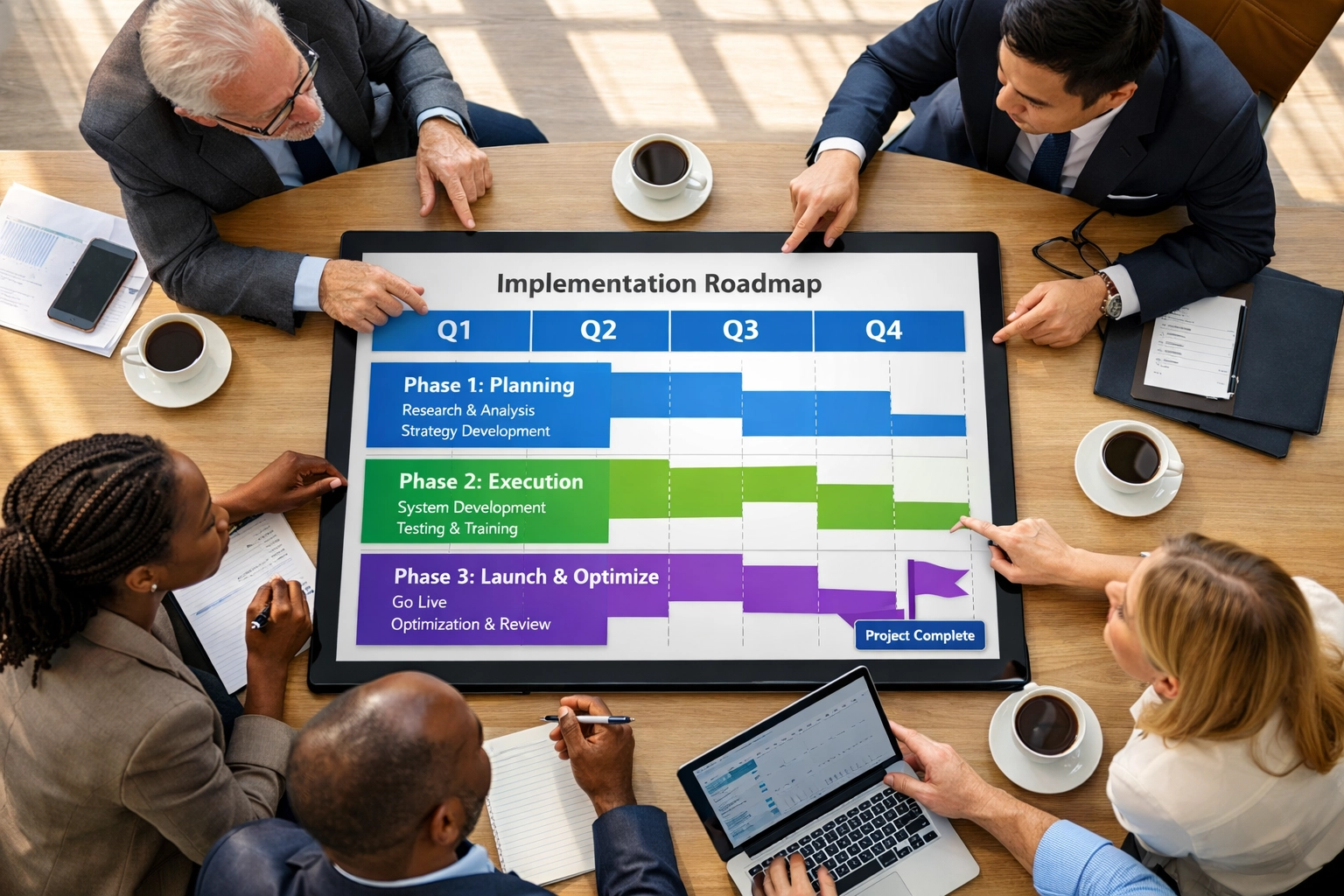 Business team planning phased ServiceNow ITOM implementation roadmap