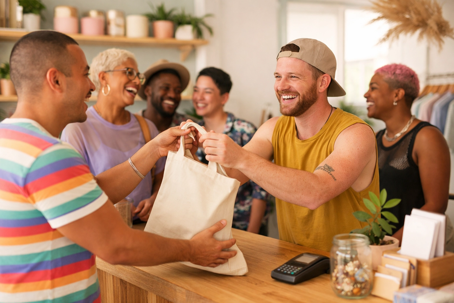 Inclusive group of gay and non-binary people supporting a local queer-owned boutique and shop owner.