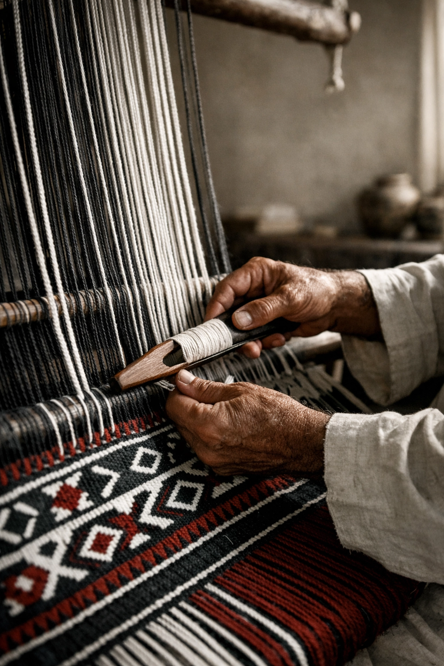 Artisan hands weaving traditional Sadu embroidery for Abadia ethical luxury brand.