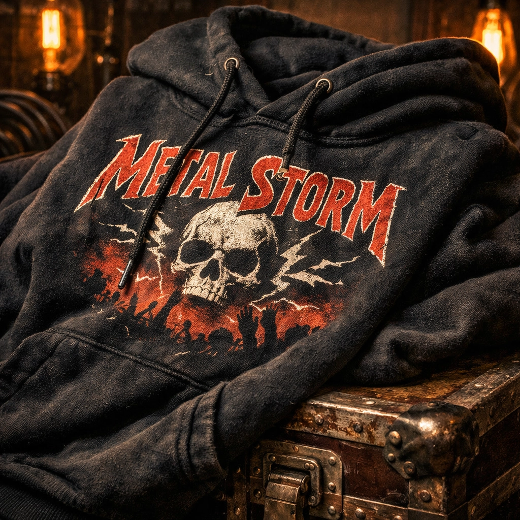 Close-up of a premium black rock band hoodie showing high-quality fabric and screen-printed graphic.