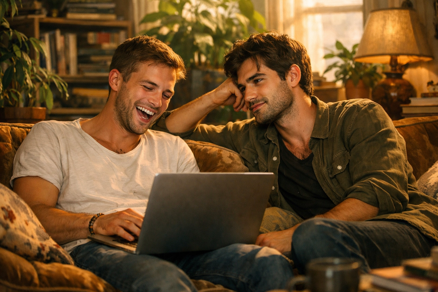 Two male best friends sharing a moment on a couch, illustrating the friends to lovers trope in MM romance books.