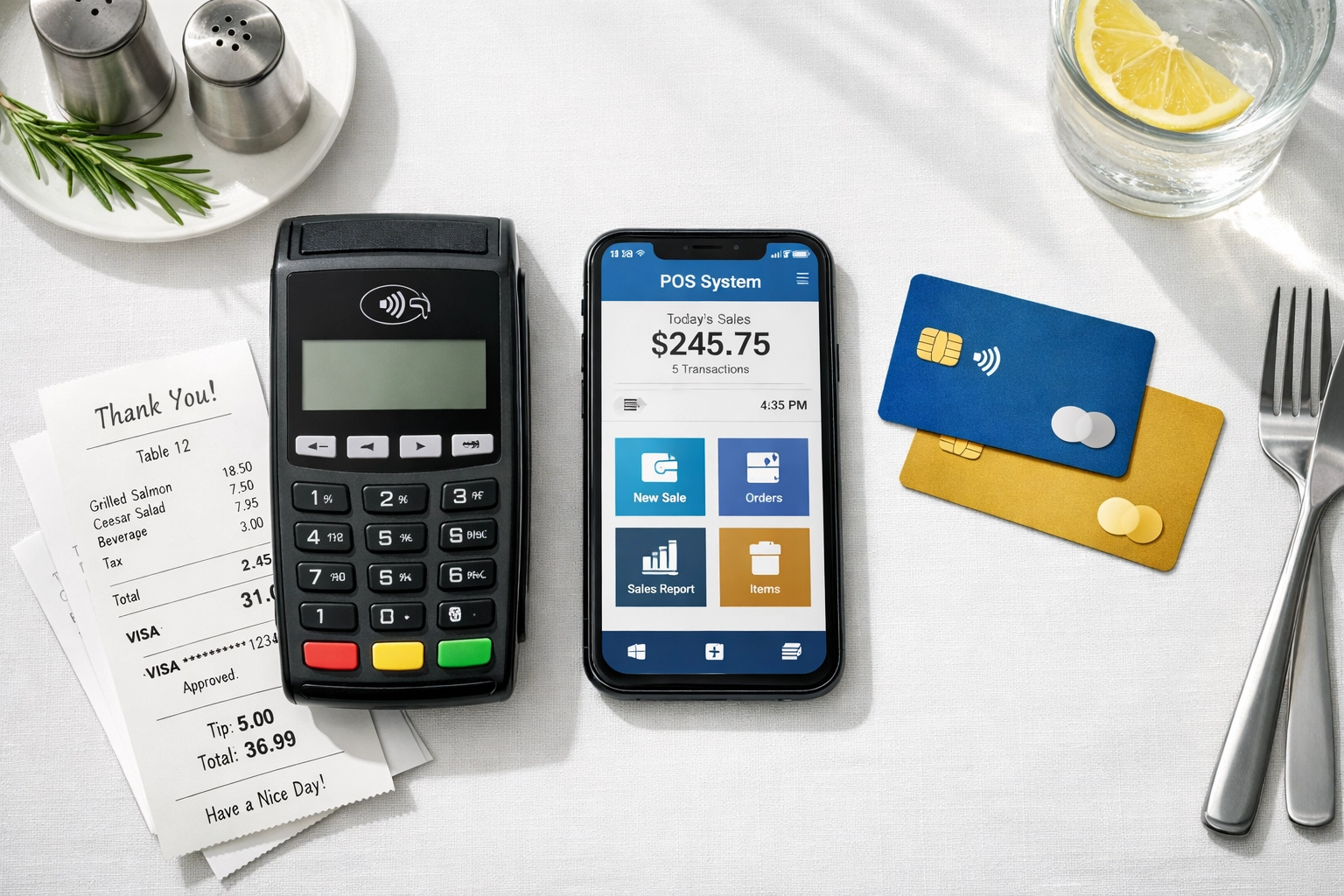 Contactless payment terminal and card reader on restaurant table with receipts