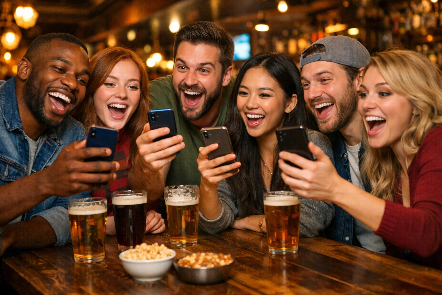 Friends playing smartphone interactive pub quiz together at table with drinks