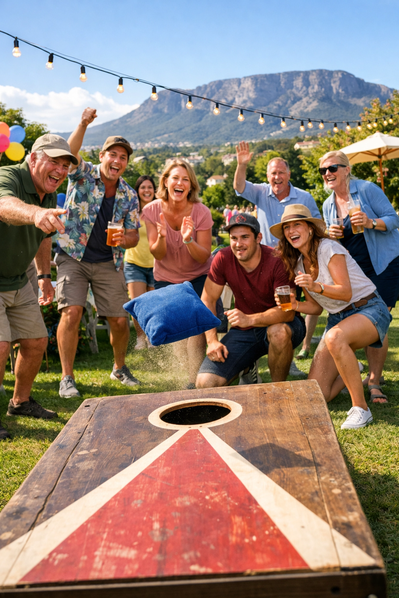Guests playing Cornhole at outdoor birthday party in Southern Suburbs Cape Town