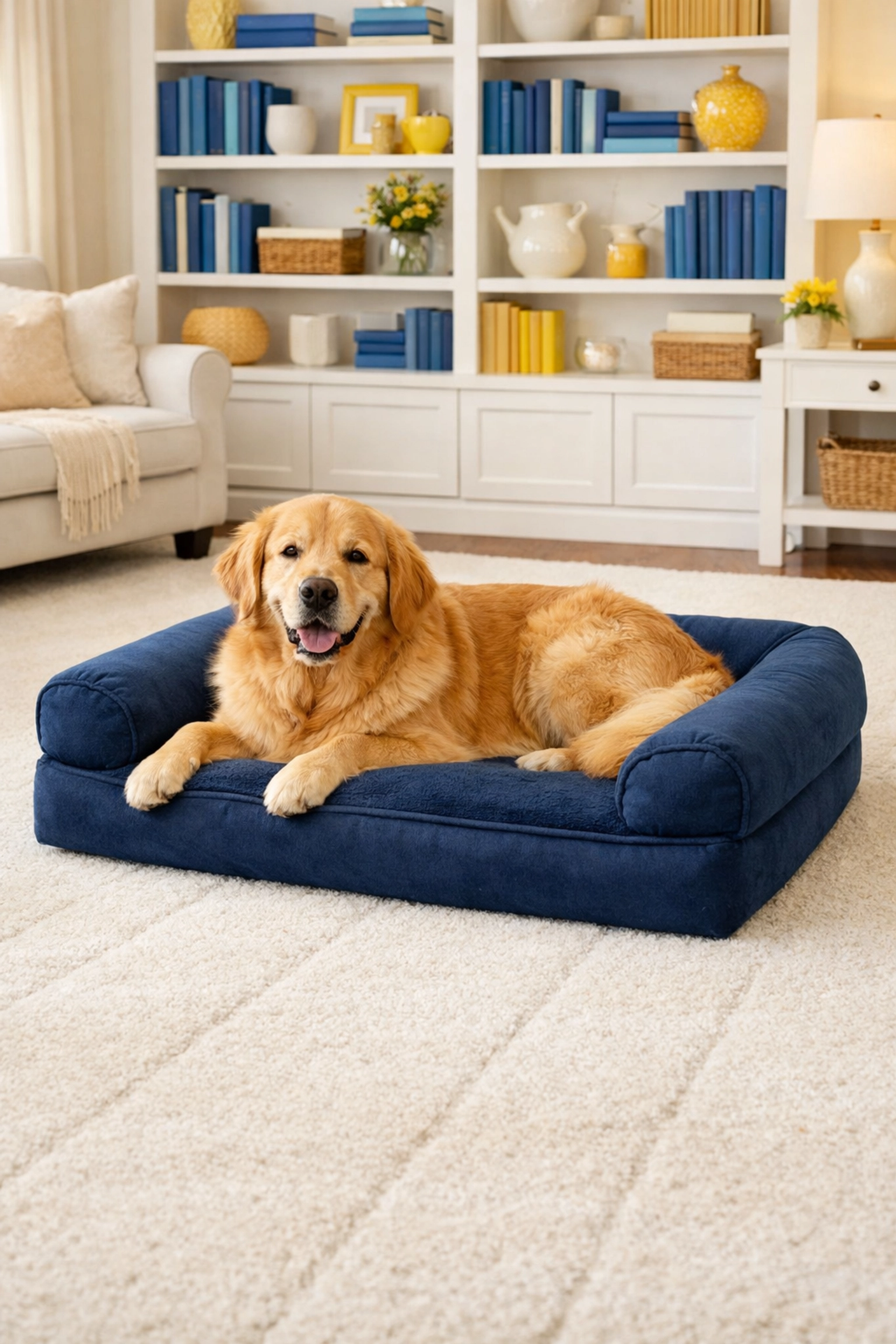 Impeccably clean living room with a dog on a navy bed, demonstrating pet-friendly weekly house cleaning.