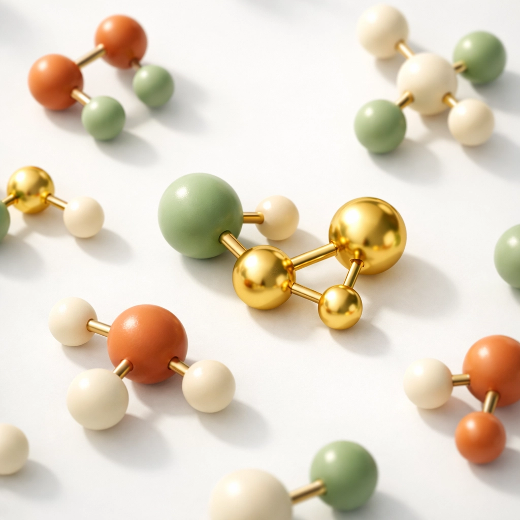 Gold molecular structures representing chemistry olympiad excellence and complexity