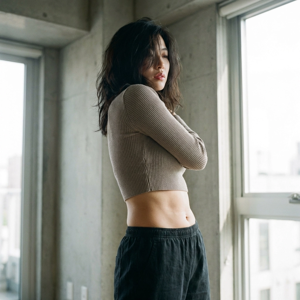 Nude photography of a torso twist pose emphasizing hourglass curves and natural skin texture.