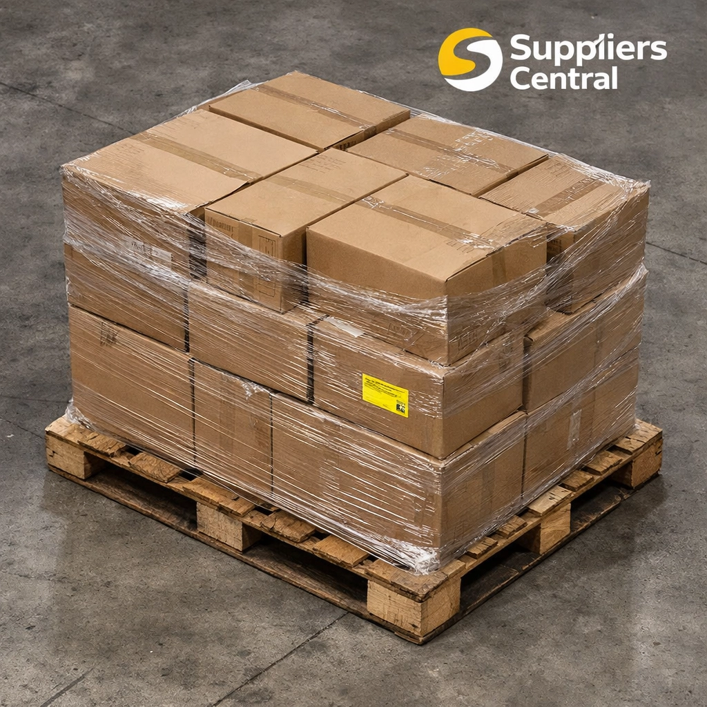 Wholesale liquidation pallets with cardboard boxes wrapped for shipping in a USA warehouse.