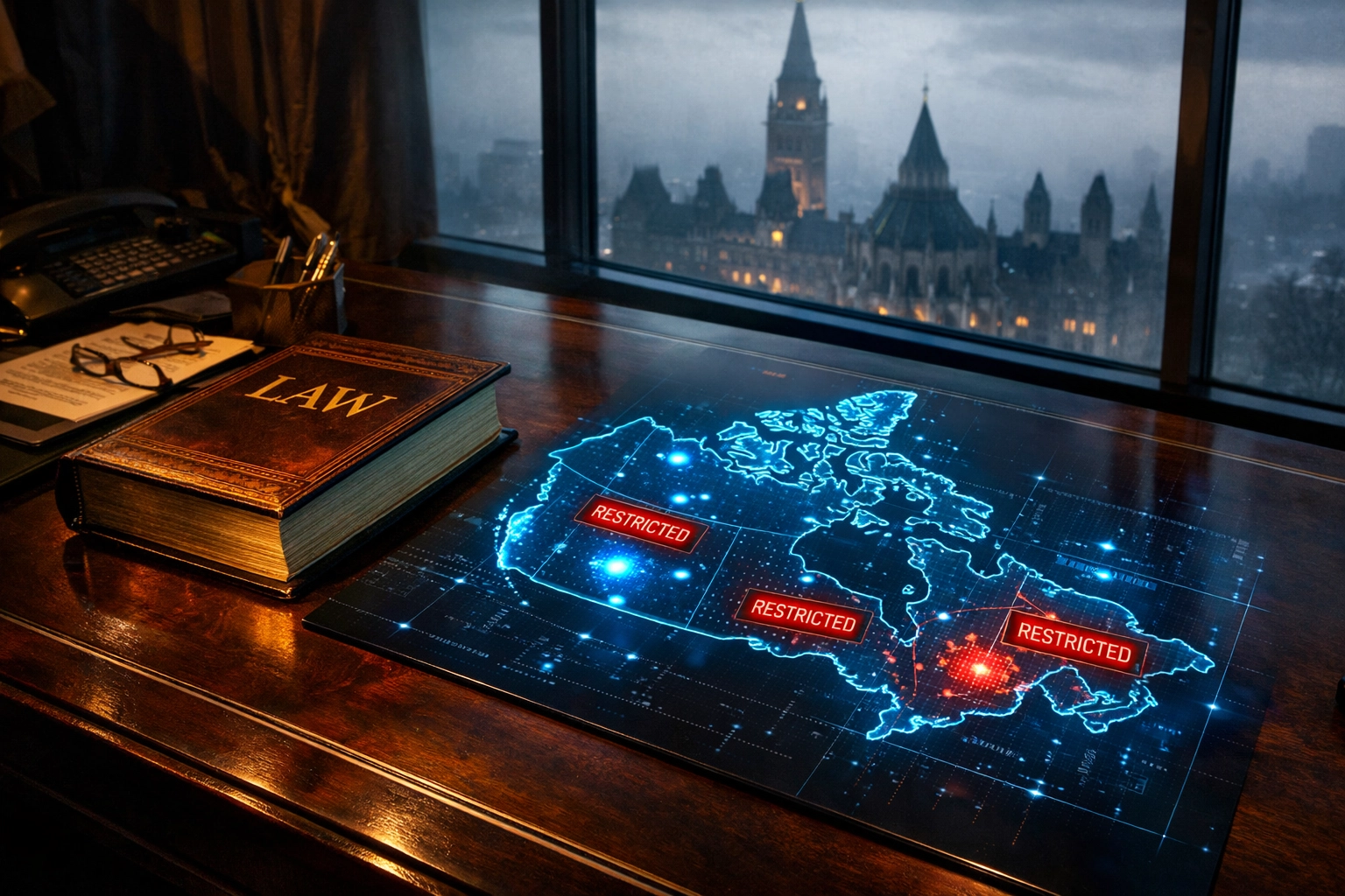 Legal documents and a map of Canada showing border restrictions under the new Bill C-12 immigration law.