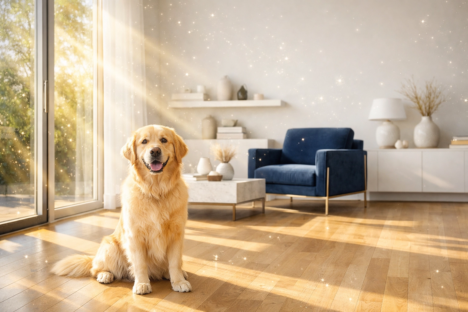Healthy, pet-friendly living room cleaned with non-toxic eco-friendly products for better air quality.