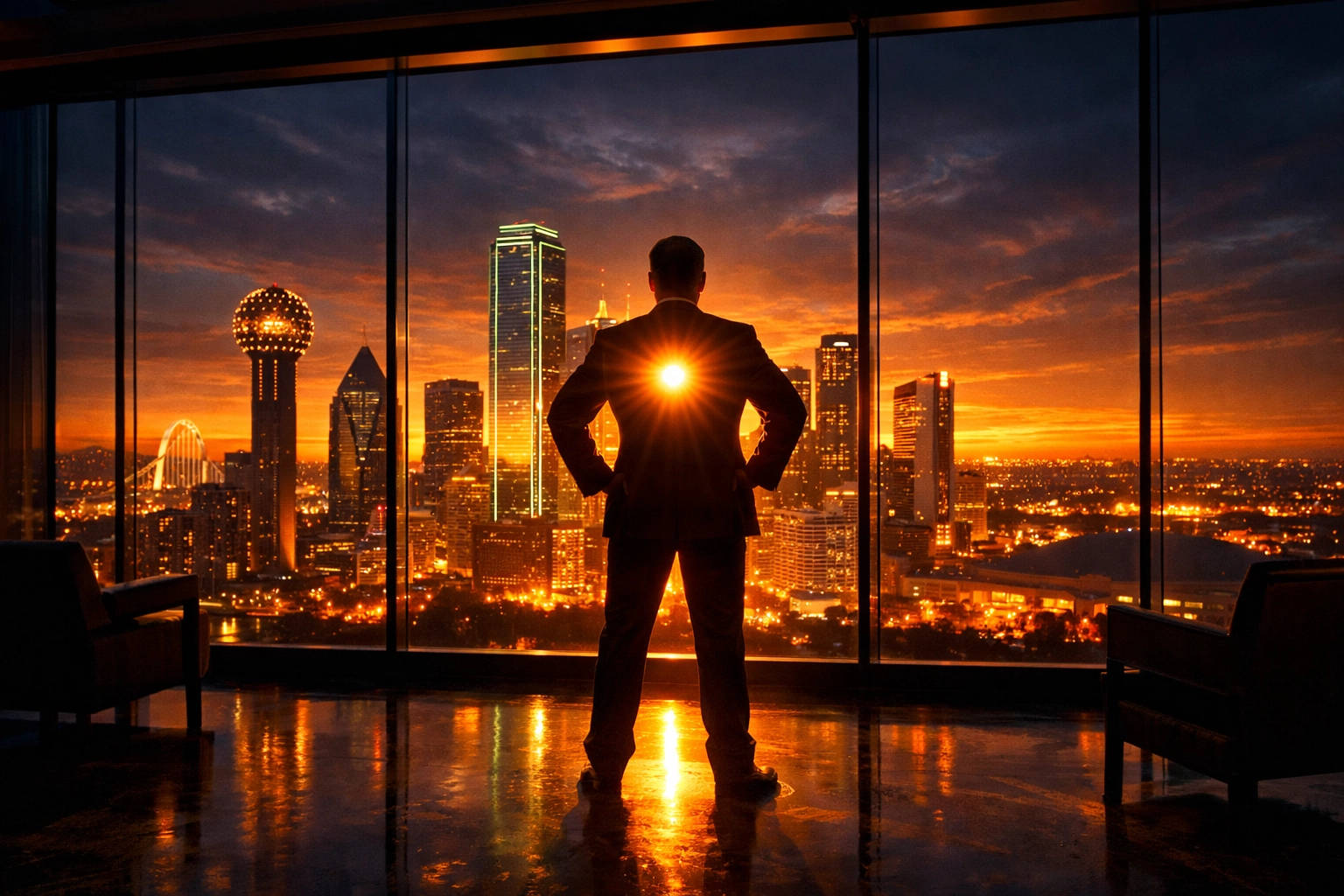 Executive leader overlooking the North Texas skyline symbolizing internal strength and Iron Man Core philosophy.