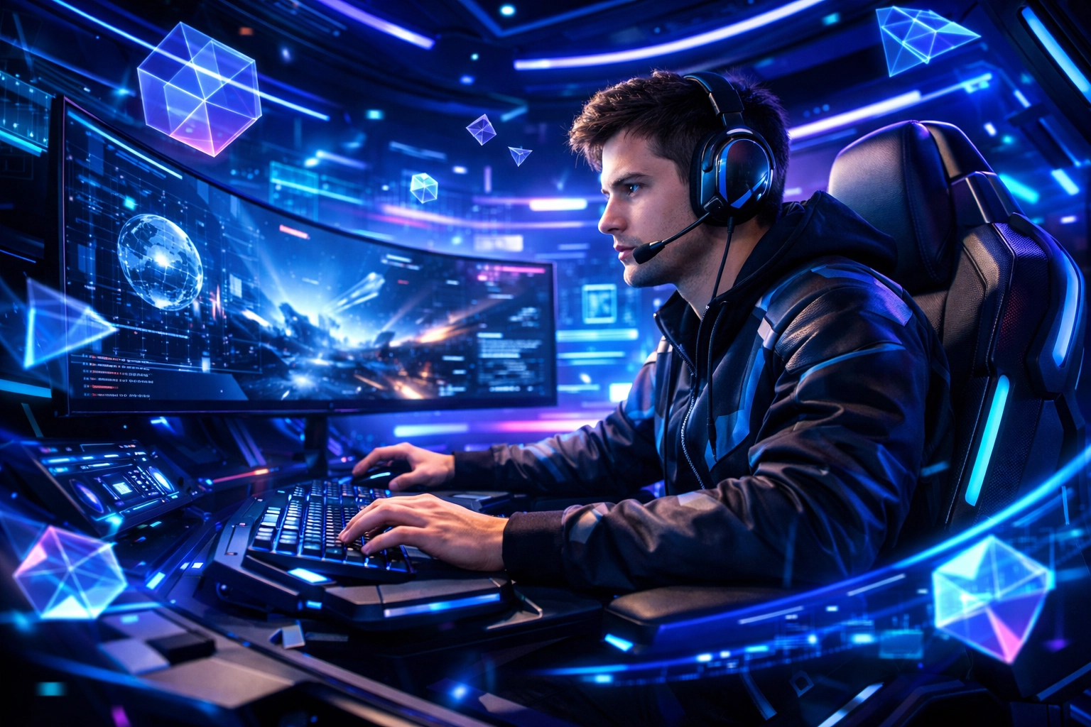 Student building workforce readiness and technical skills in an advanced EsportsPod gaming simulation station.