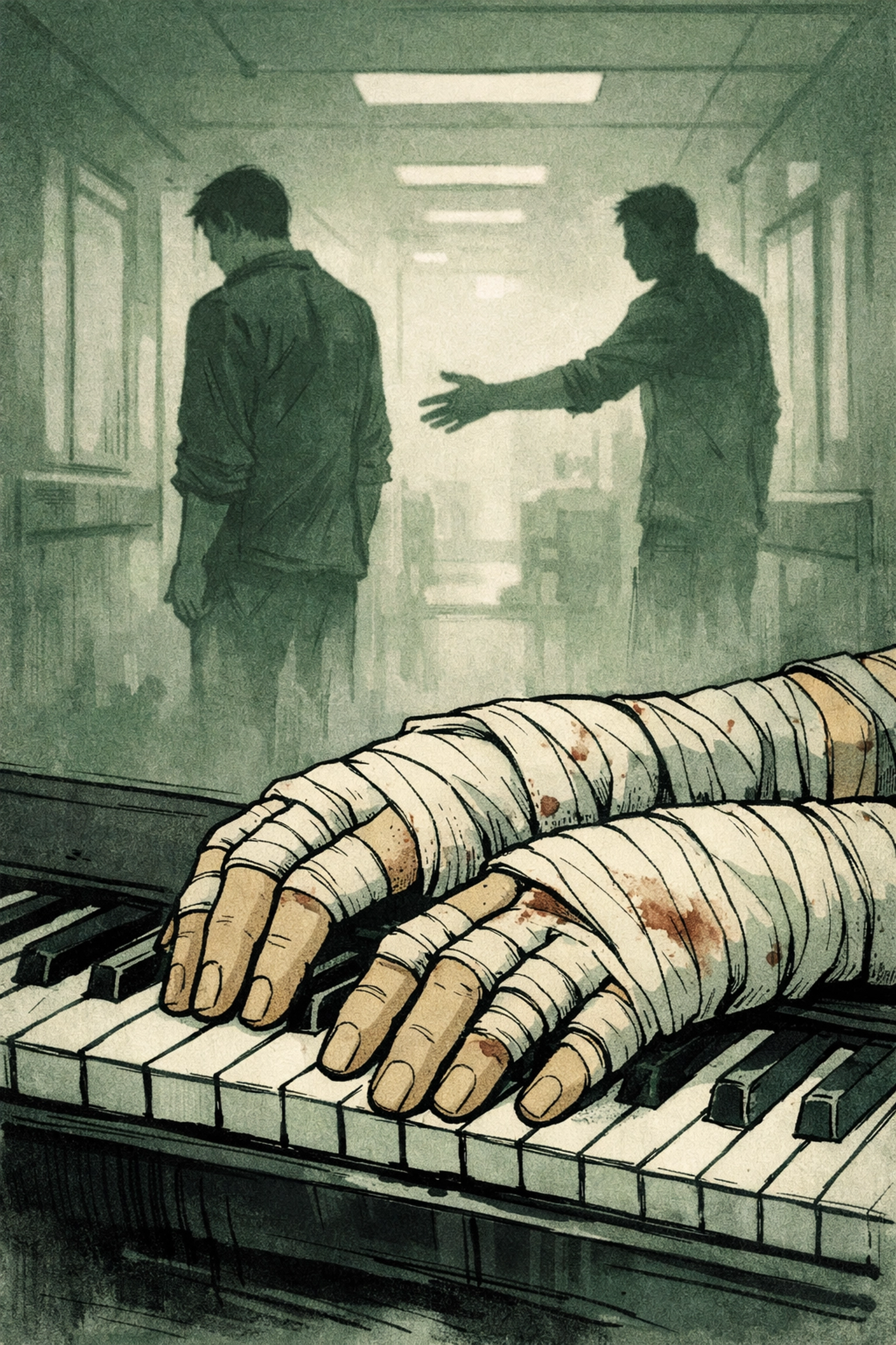 Bandaged journalist hands resting on keyboard after attack - MM romance consequences