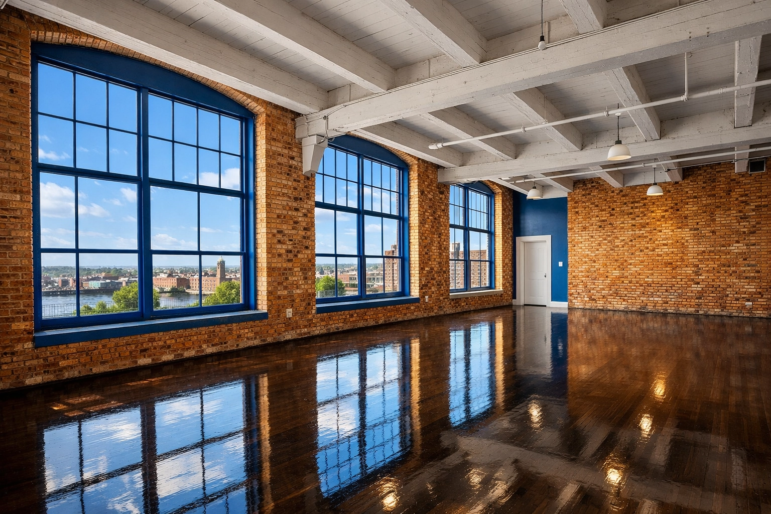 A pristine Lowell mill loft with gleaming floors following a comprehensive move-in or move-out cleaning service.