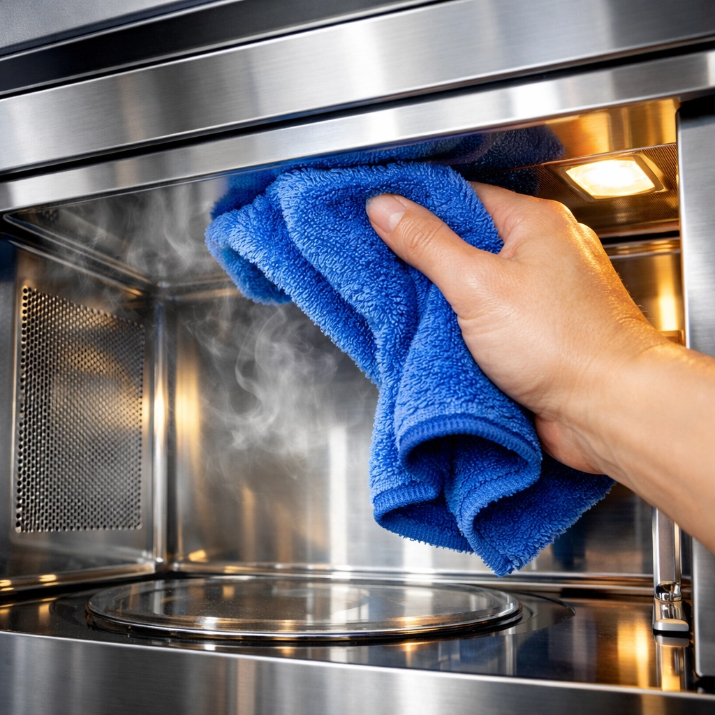 A hand using a blue cloth to easily wipe away loosened grime inside a steamed stainless steel microwave.