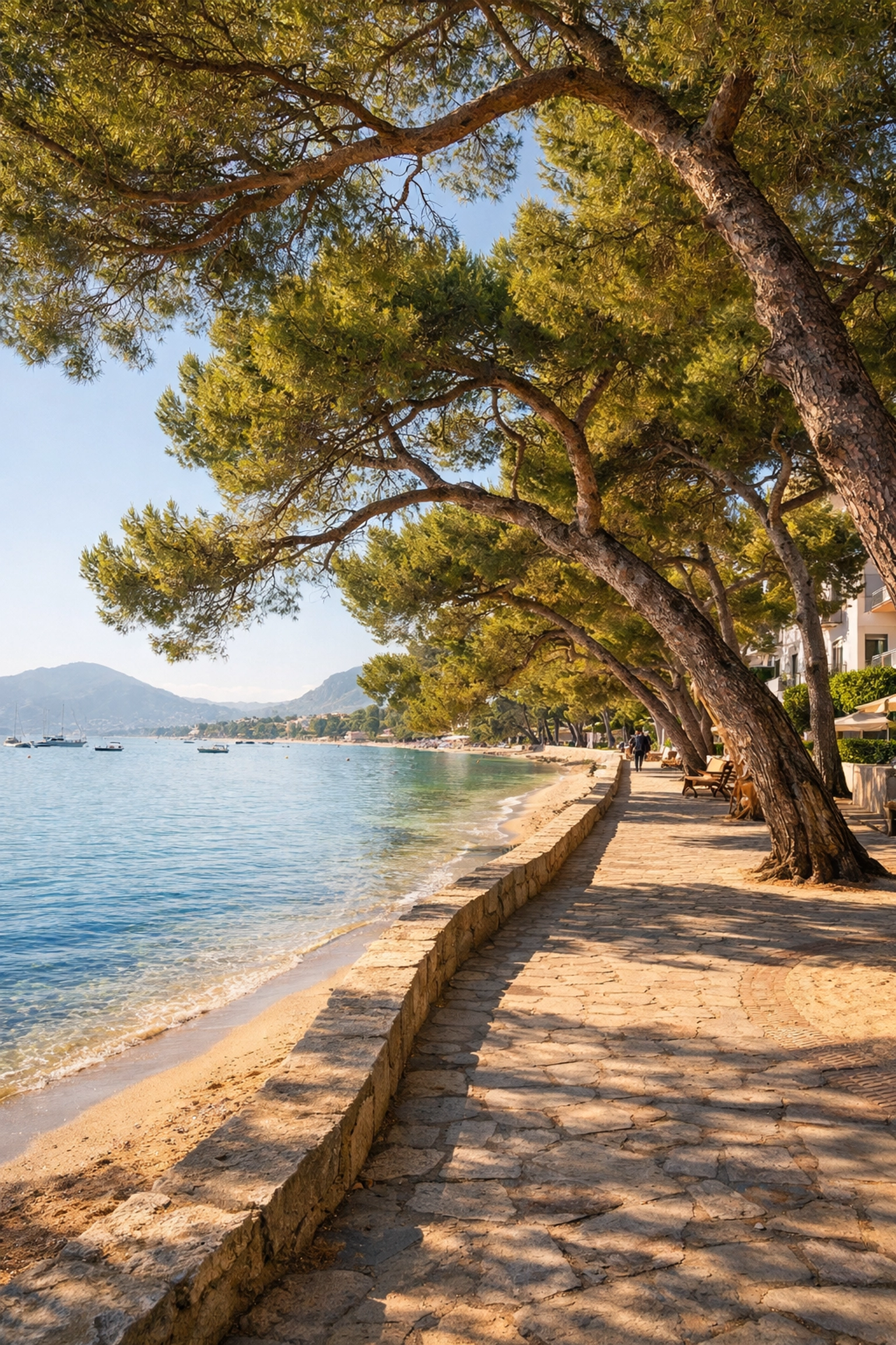 The tranquil Pine Walk in Puerto Pollensa, Majorca, shaded by trees along the coastline.