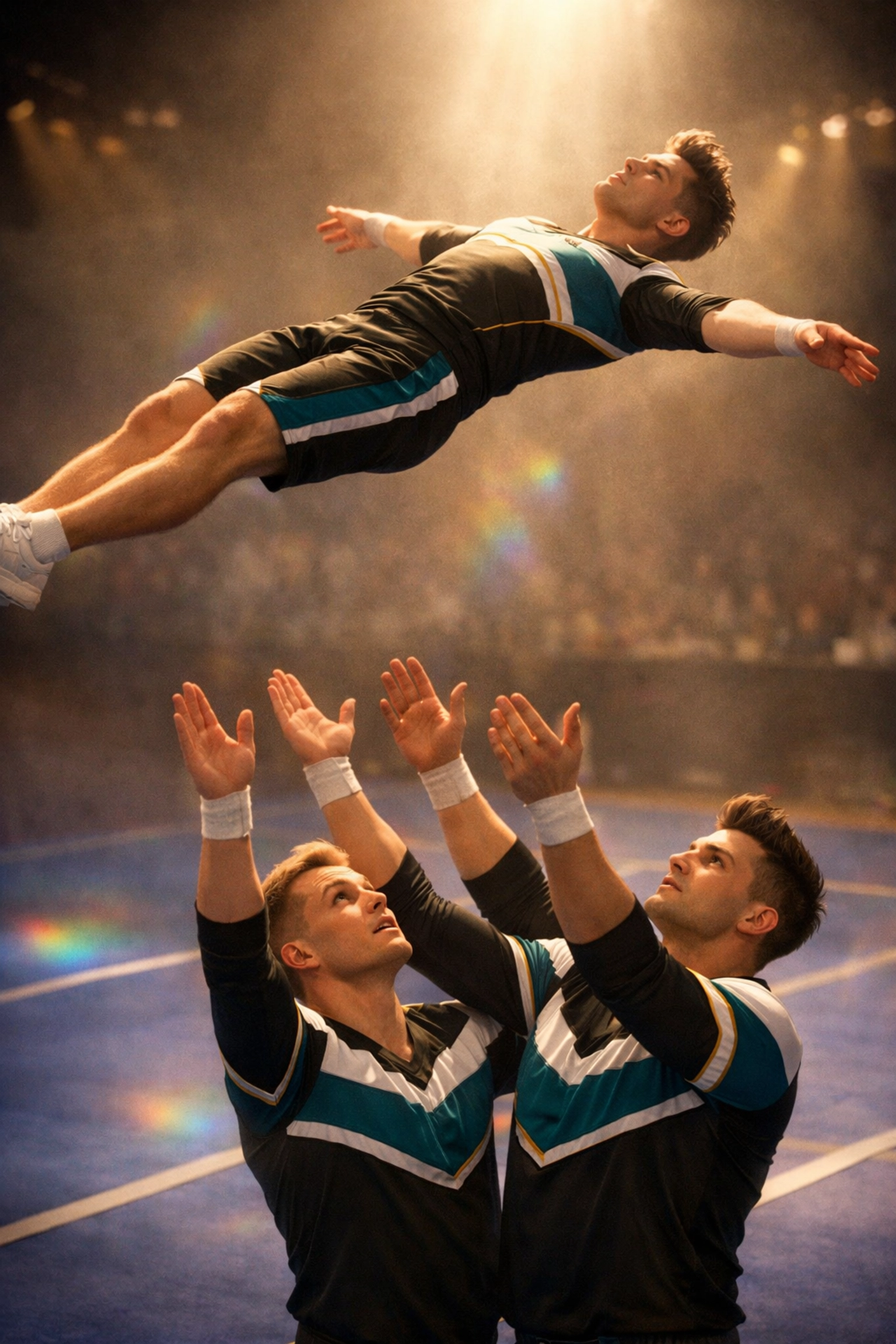 Male cheerleaders executing basket toss demonstrating trust and teamwork in competitive cheer