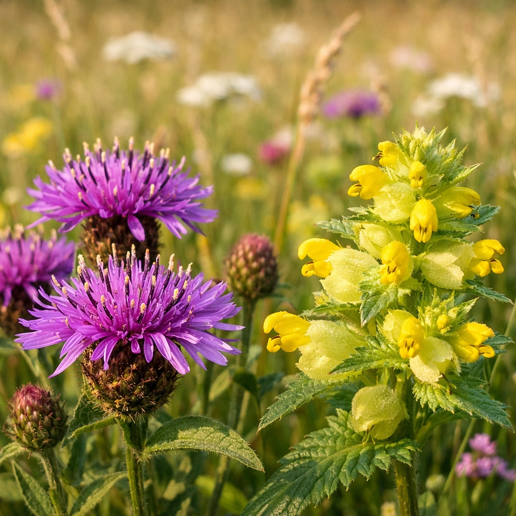 Close-up of wildflowers in a species-rich grassland illustrating high-quality habitat unit condition.