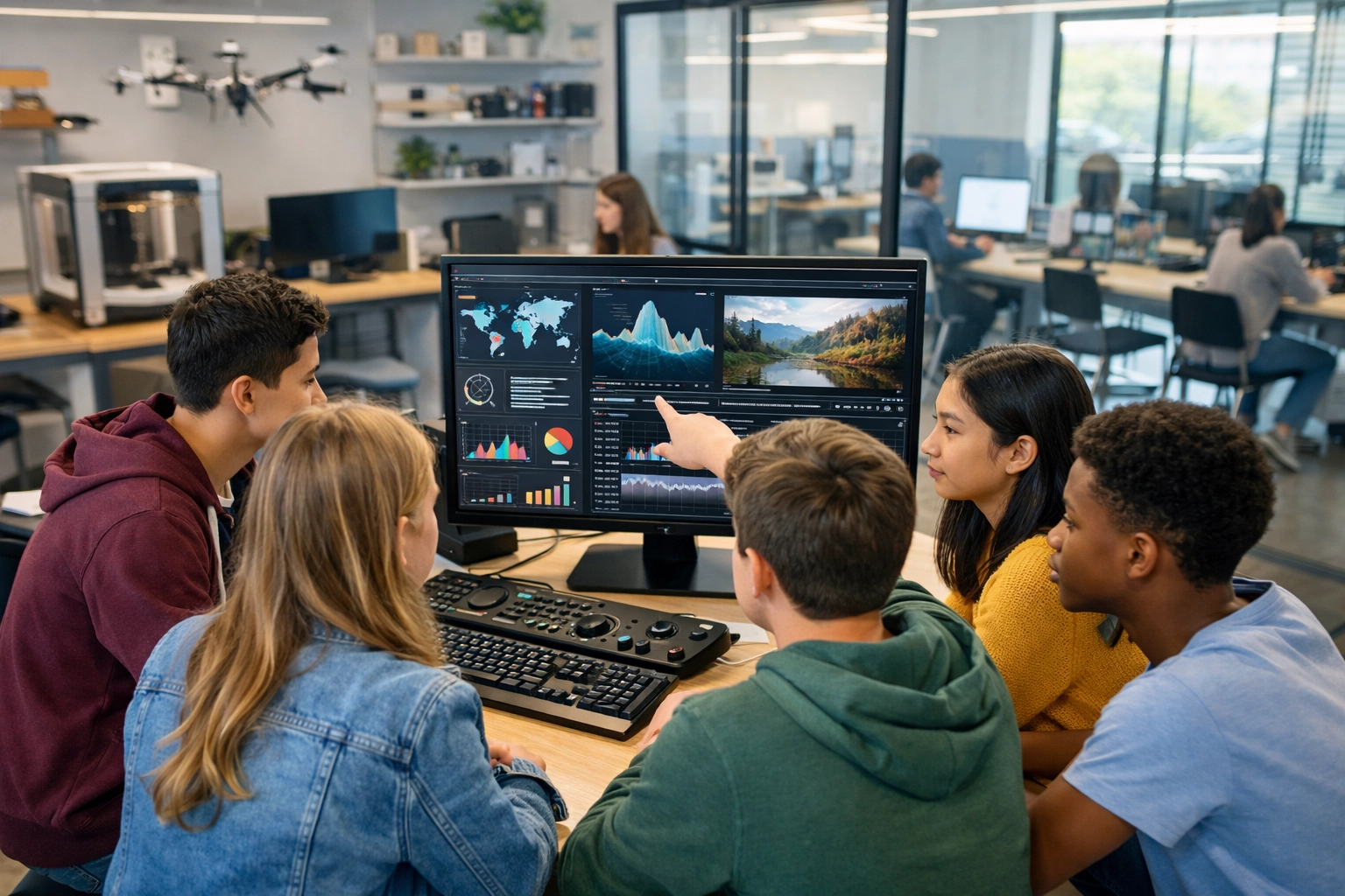 High school students collaborating on digital media data in a modern technology lab for esports education.