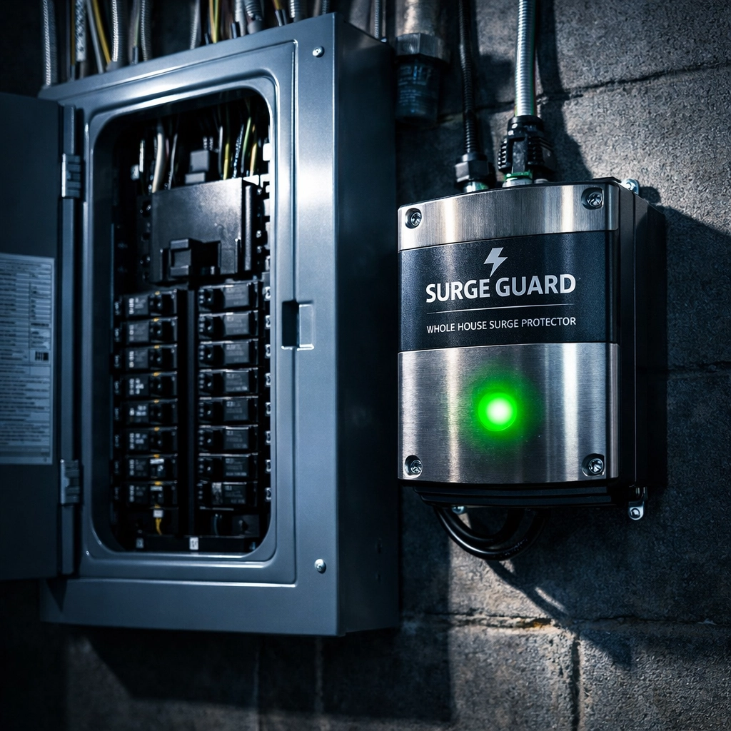Whole house surge protector installed on electrical panel with green indicator light