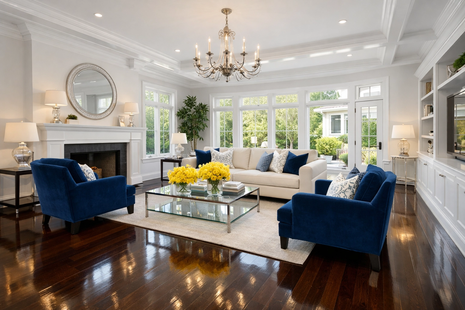 Beautifully clean Littleton living room with sparkling hardwood floors after a professional deep cleaning service.