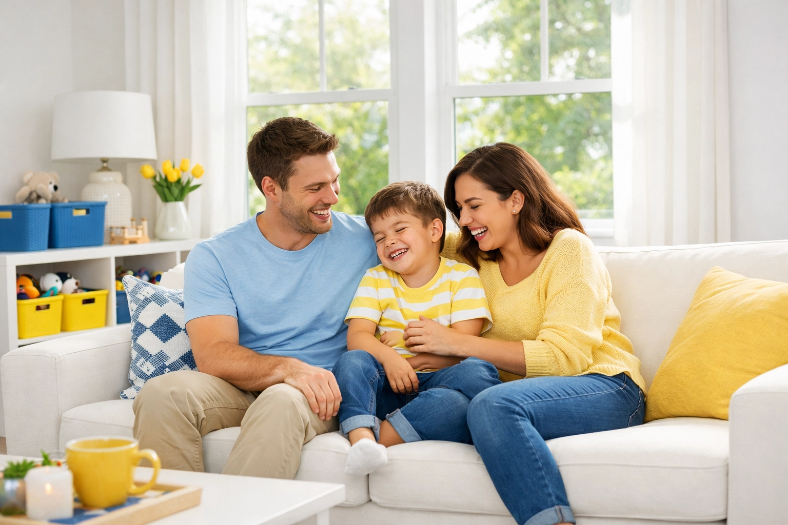 A happy family relaxing in a clean Roslindale living room after a reliable Weekly Maid Service Boston visit.