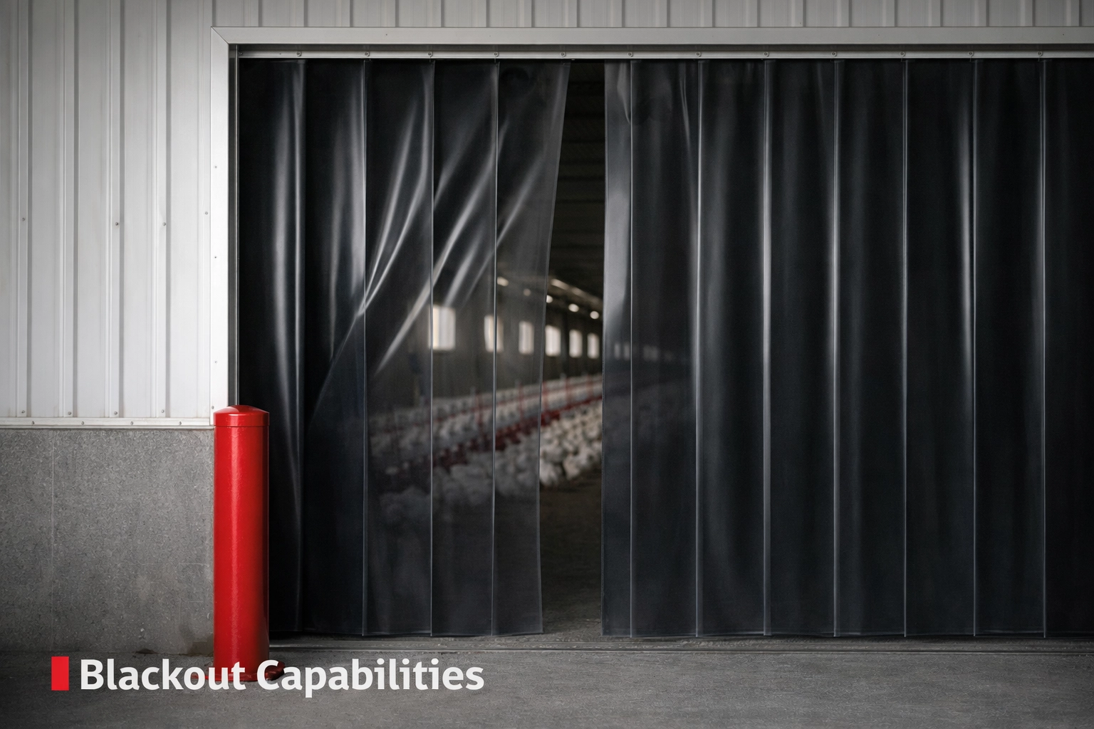Blackout PVC strip curtains for poultry farmers providing light control in controlled-environment sheds.