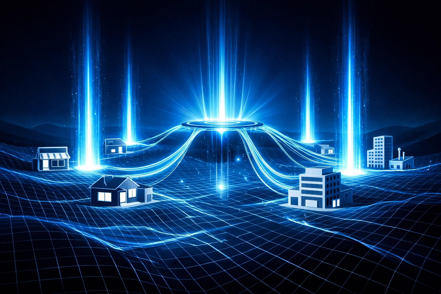 A glowing digital grid illustrating local SEO automation and unified ecosystems for business growth.