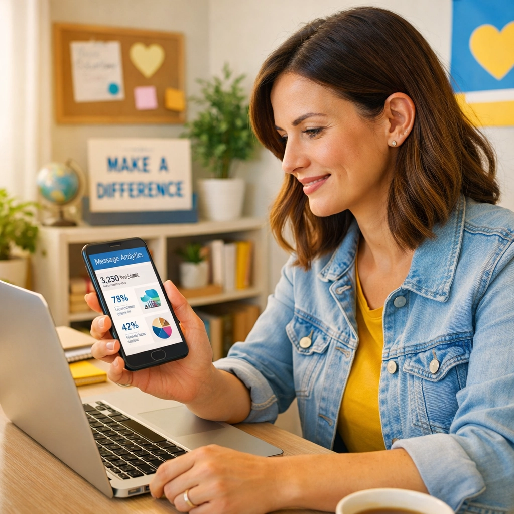 Nonprofit staff member analyzing SMS fundraising campaign response rates on smartphone