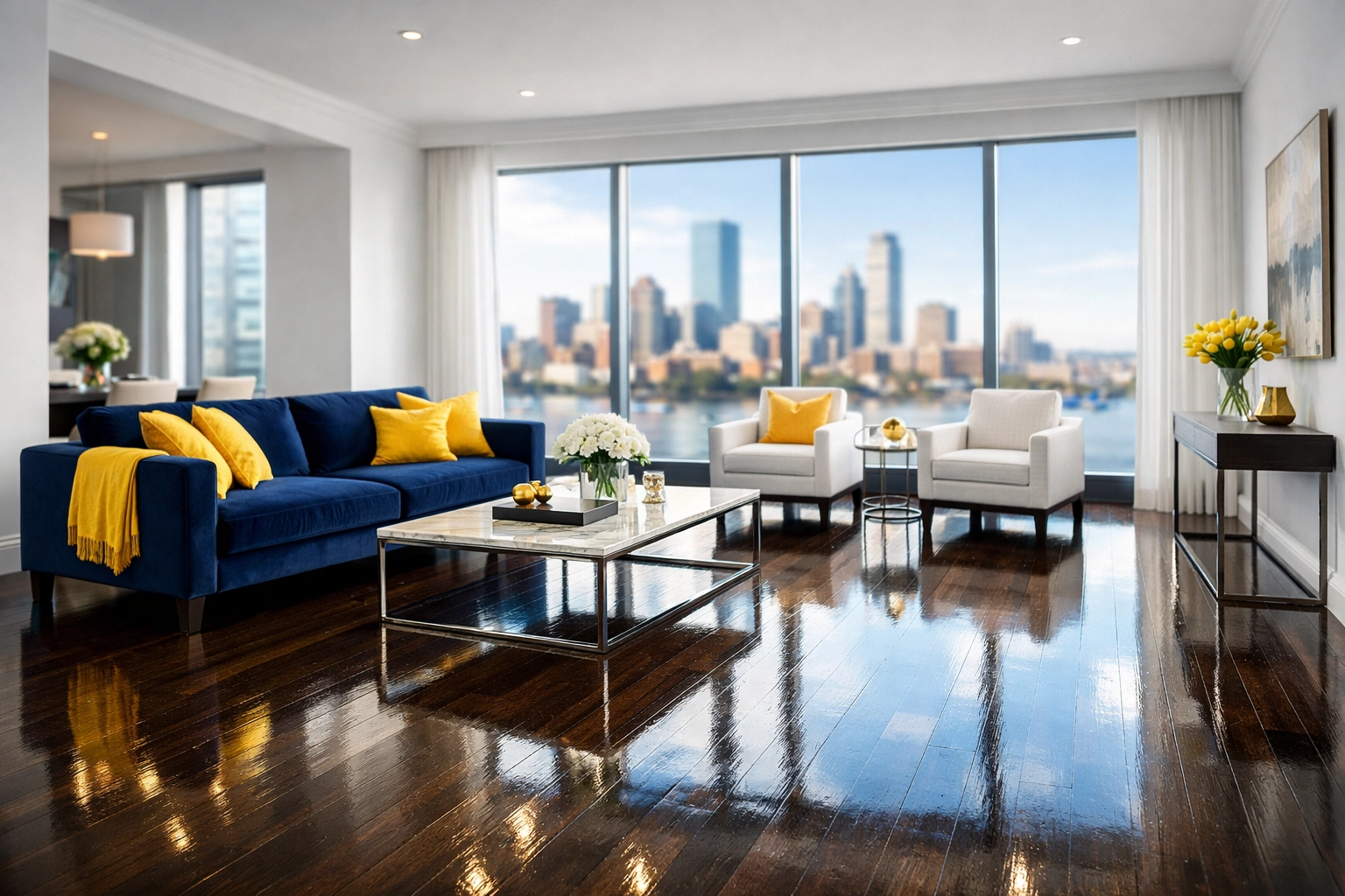 Clean, modern Boston apartment living room with reflective floors following an Apartment Cleaning Boston service.