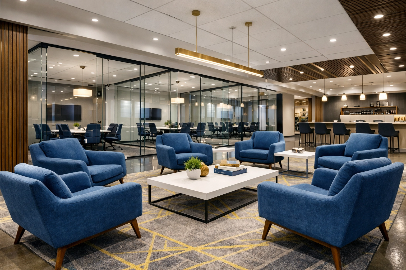 Clean and streak-free glass-walled office lounge in a Massachusetts startup office hub.