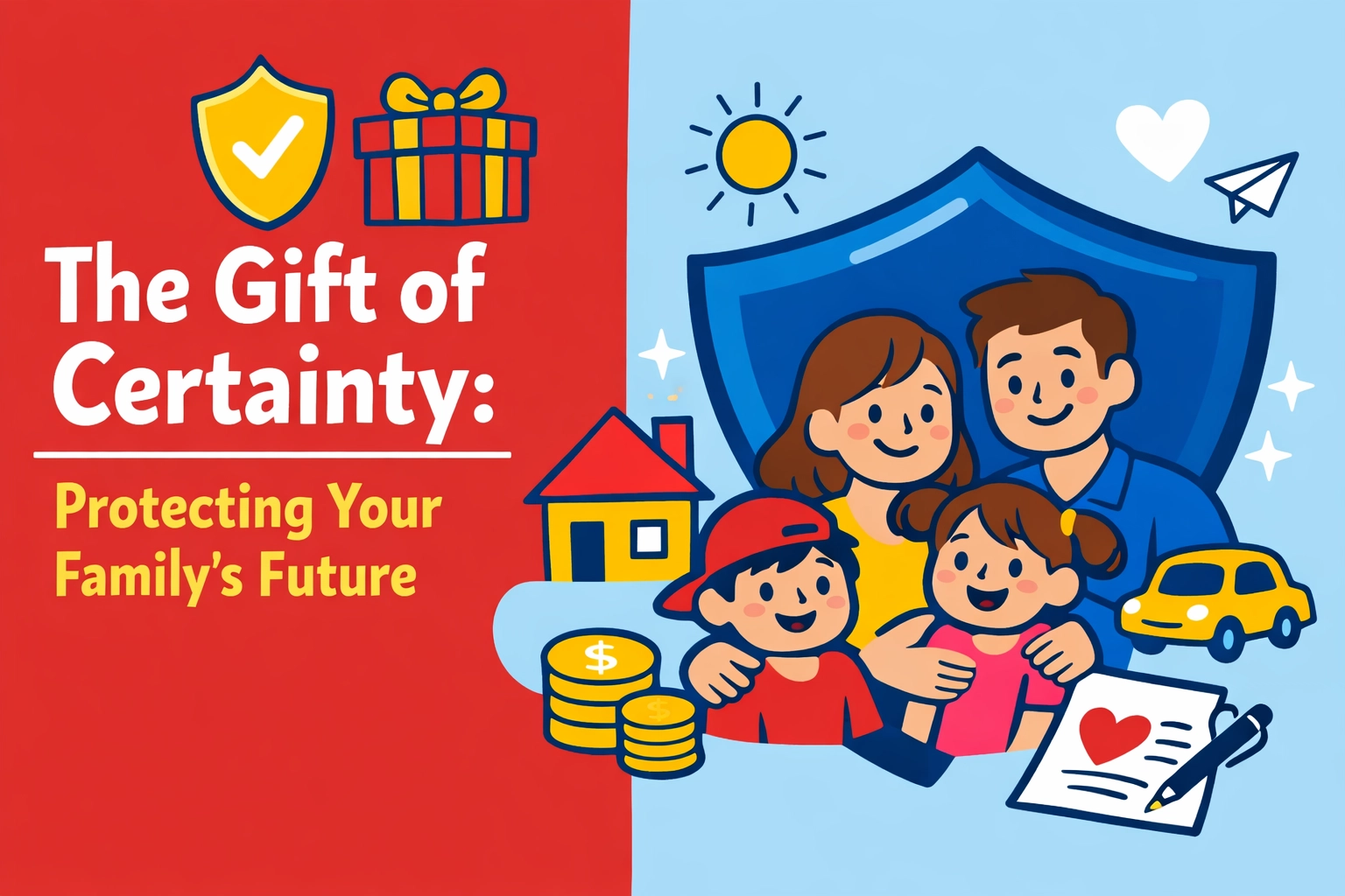 Bold, playful illustration of a Canadian family protected by a shield, symbolizing legal guardianship and financial security