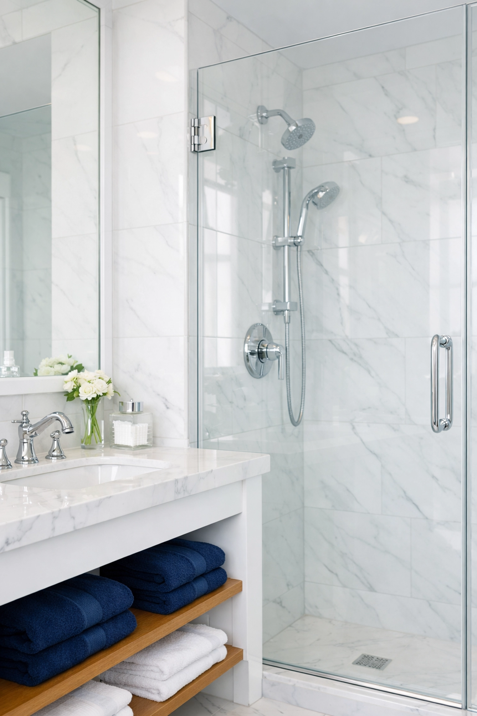 Spotless bathroom and shower glass from a professional Boston apartment move-out cleaning.