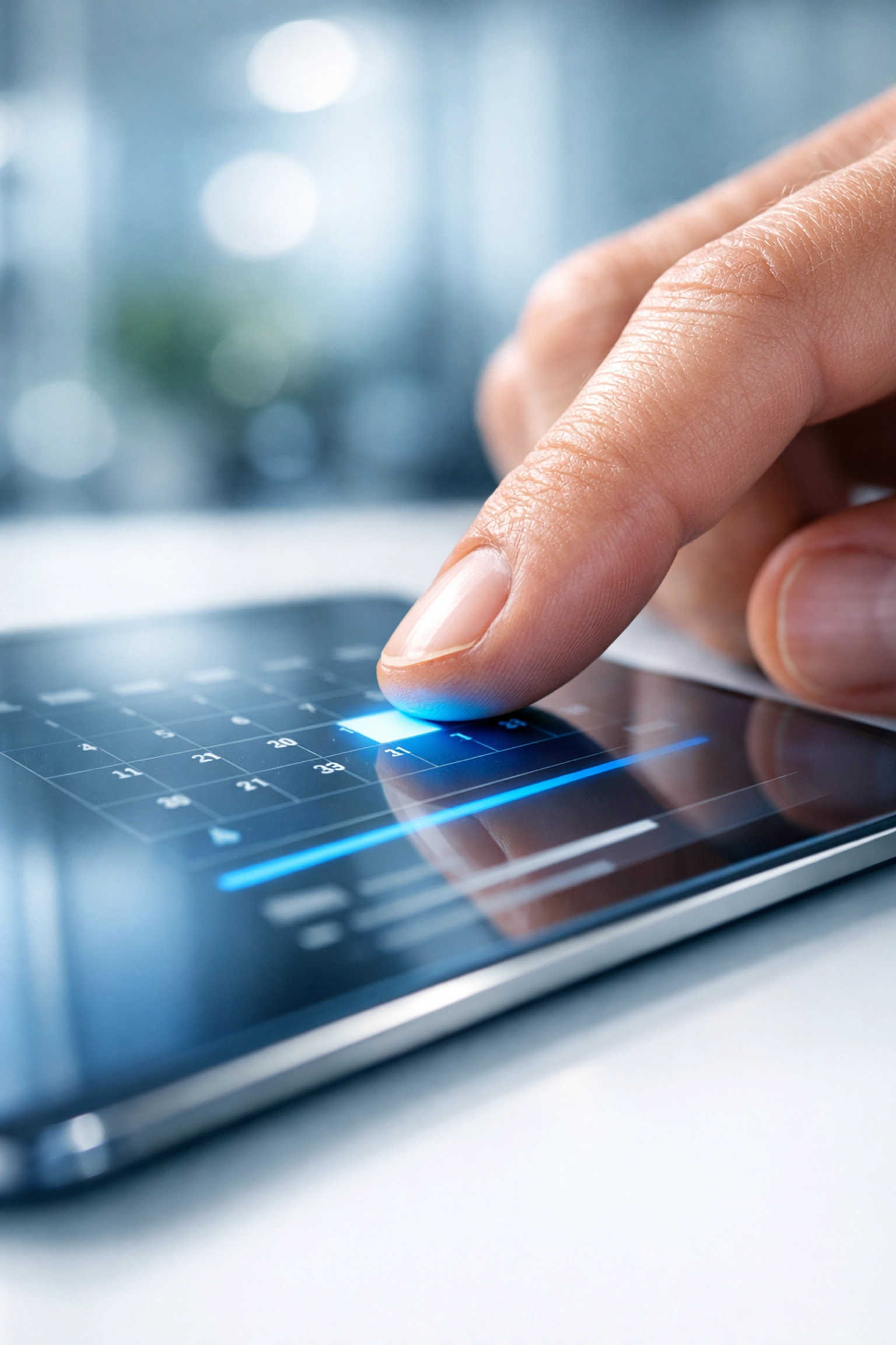 Professional using a digital tablet to manage a debt recovery follow-up schedule and payment plan.