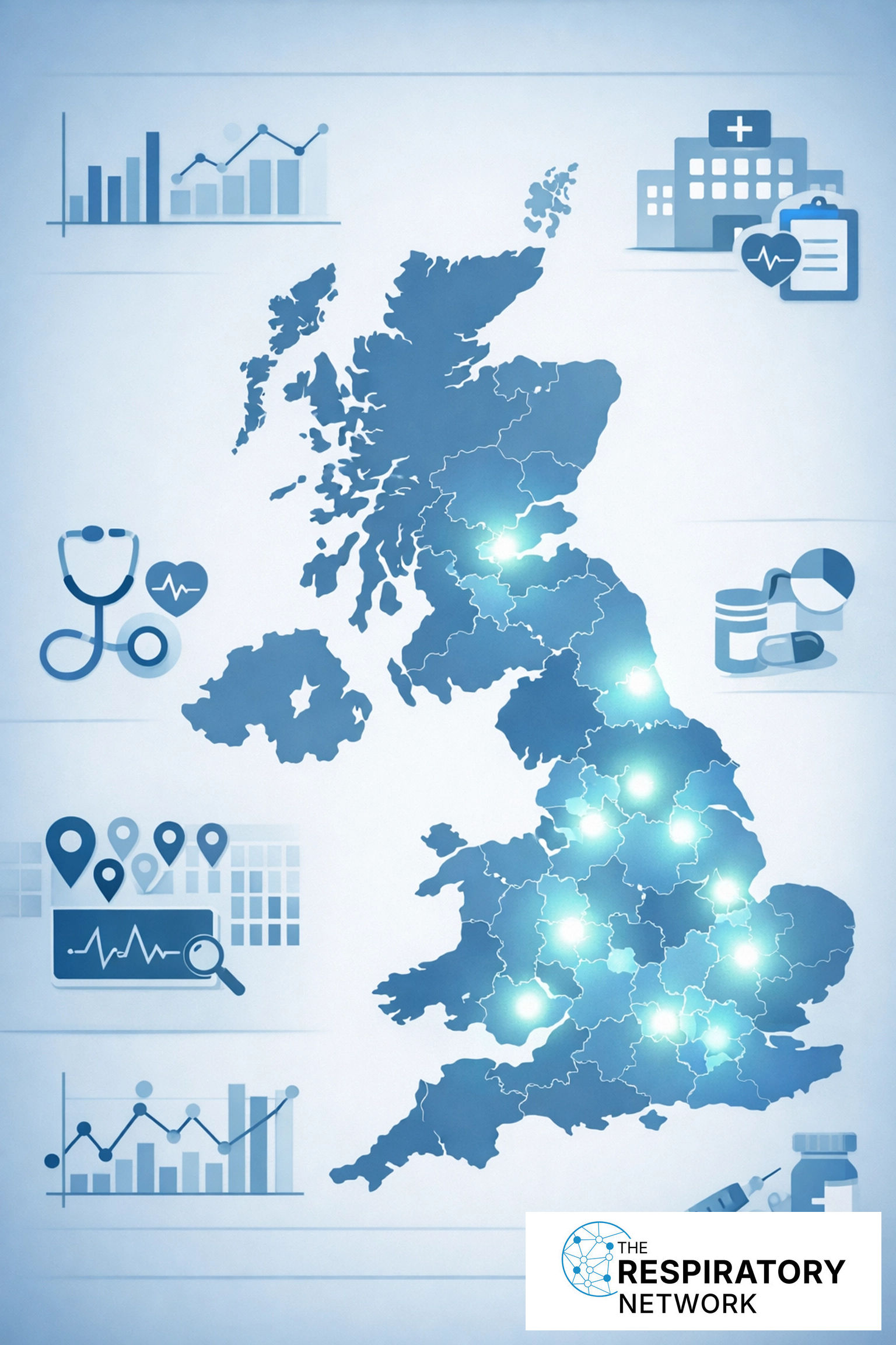 UK map highlighting key regional centres connected by The Respiratory Network