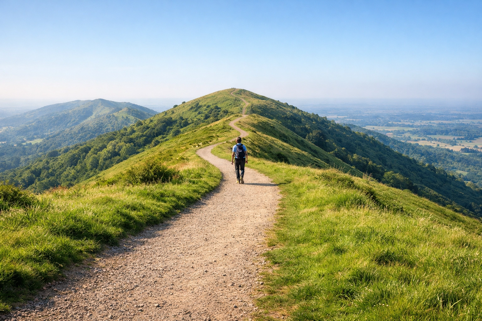 A hiker walking on a gravel path in the Malvern Hills, showcasing beginner-friendly UK hiking trails.