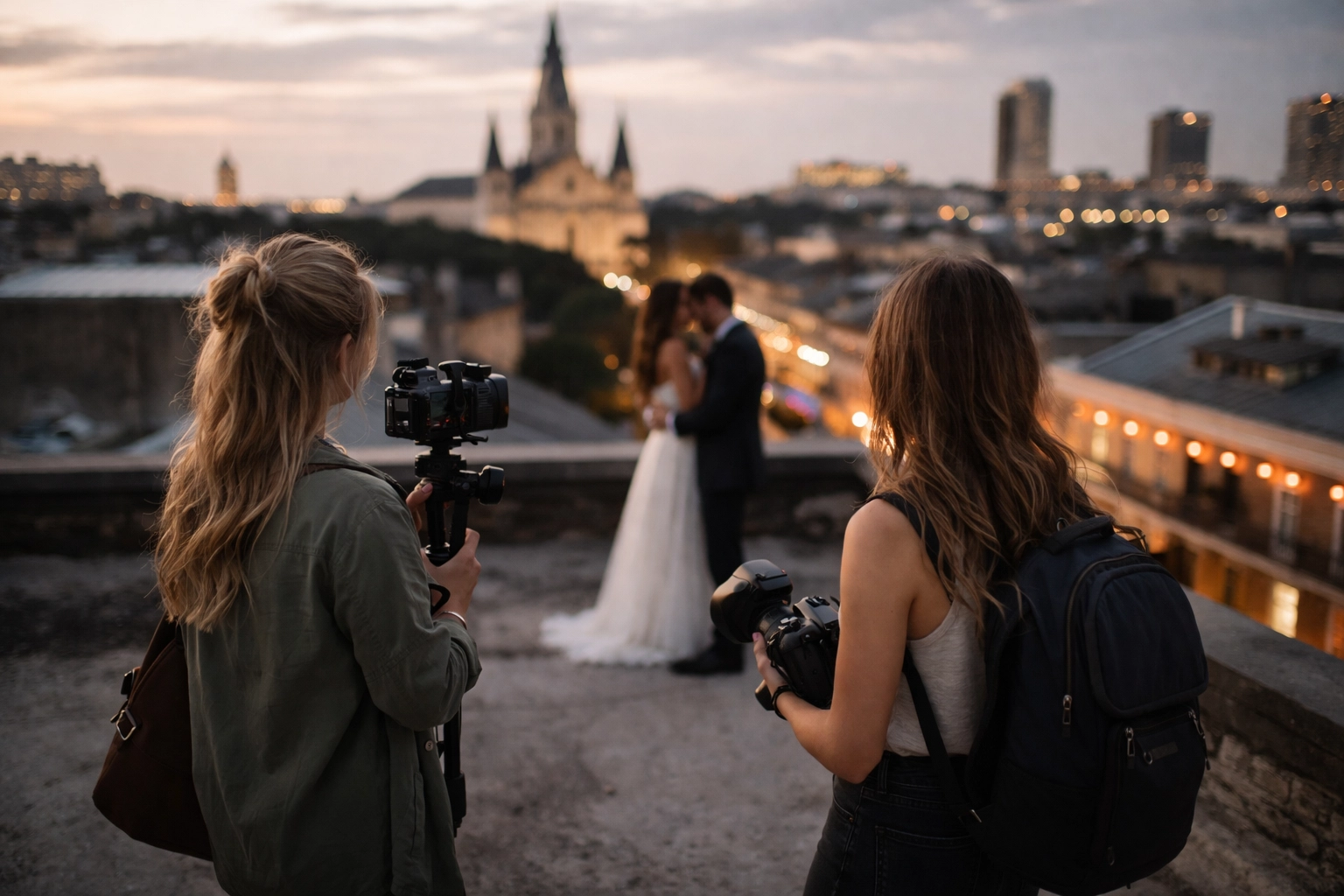 Female wedding videography team on a New Orleans rooftop with an opposite-sex couple in the background