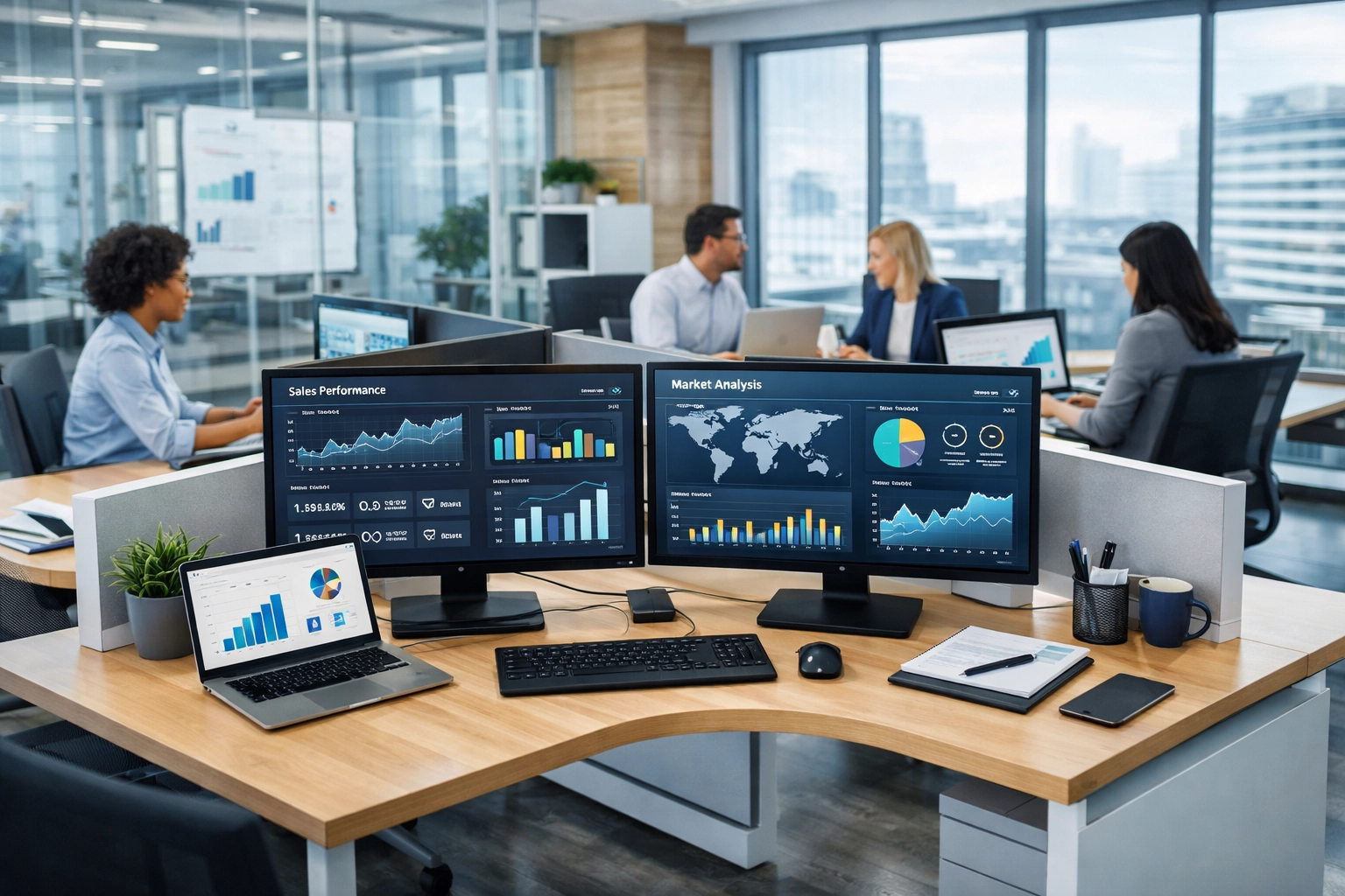 Modern corporate workspace with integrated technology systems supporting Dakdan's multi-industry operations