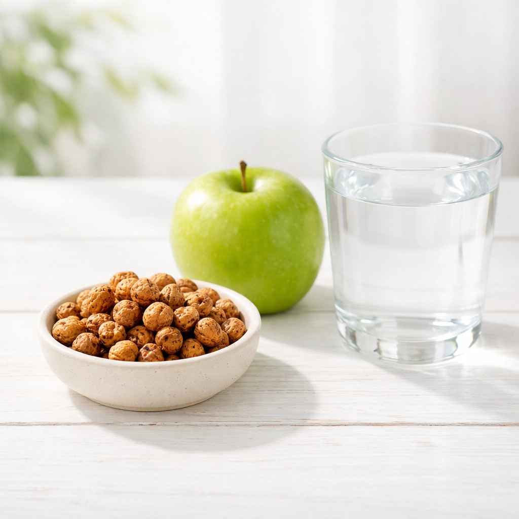 حب العزيز بجانب فاكهة طازجة وماء لتوضيح فوائده للصحة العامة والخصوبة الطبيعية.