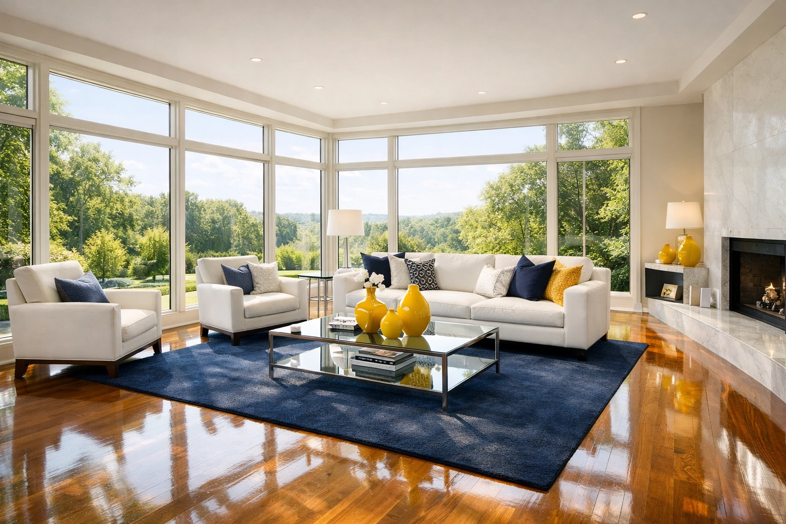 Clean, sunlit Lincoln living room with polished floors from professional weekly house cleaning services.