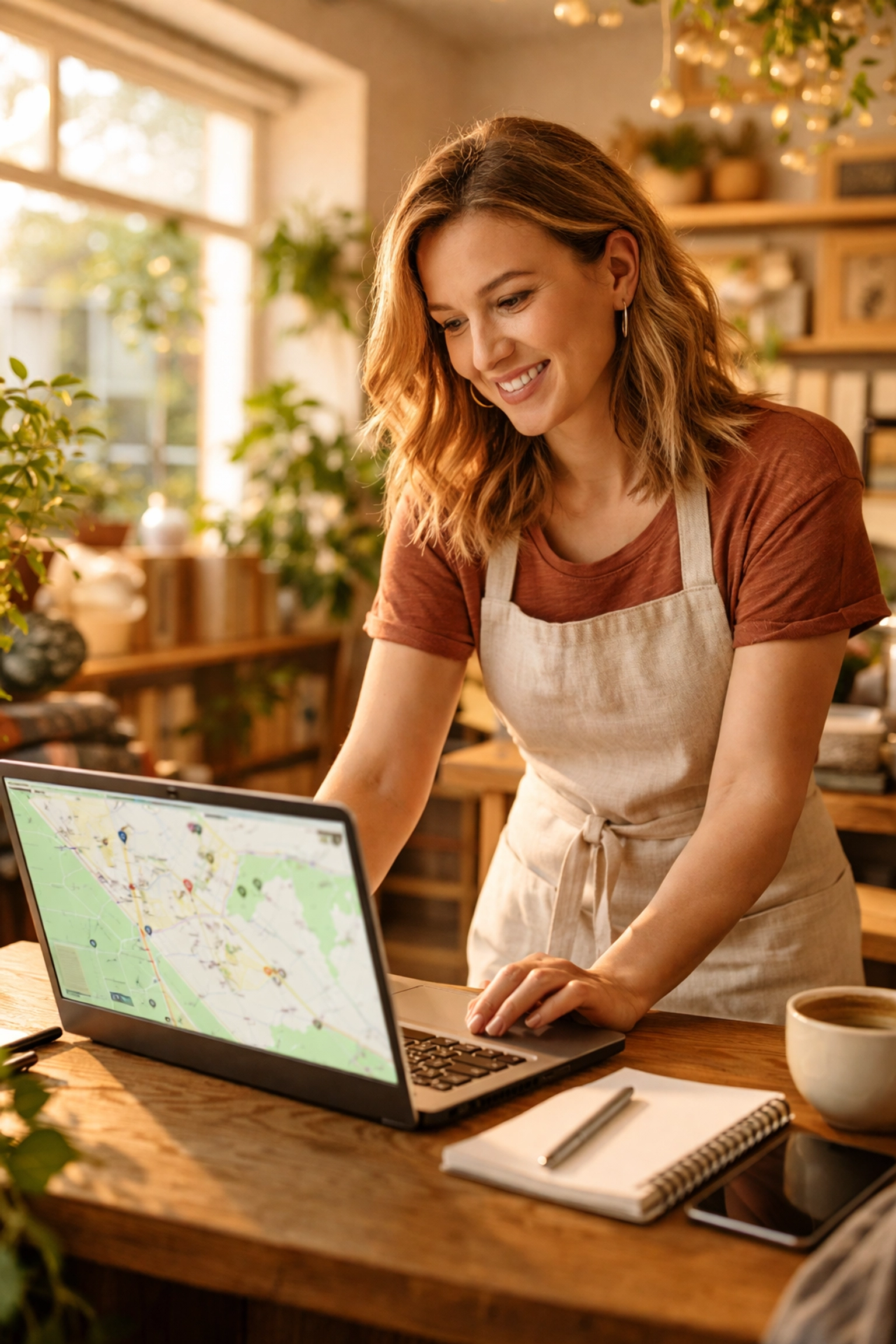 Small business owner in a boutique shop uses laptop to manage Google Business Profile for local visibility