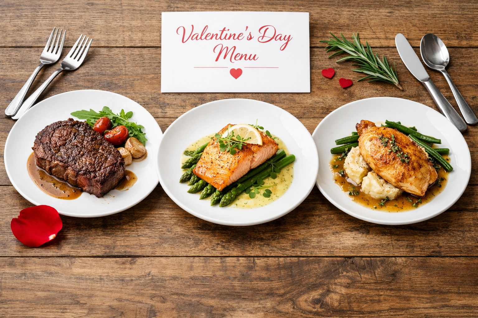 Simplified Valentine's Day restaurant menu featuring three protein options: ribeye steak, salmon, and chicken