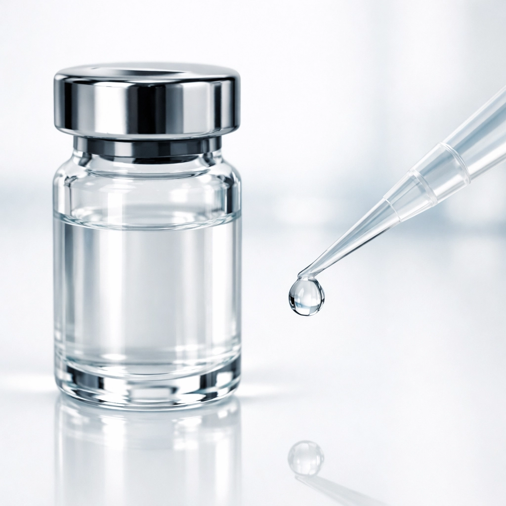 High purity research peptide vial and pipette tip for accurate retatrutide dosage measurement.