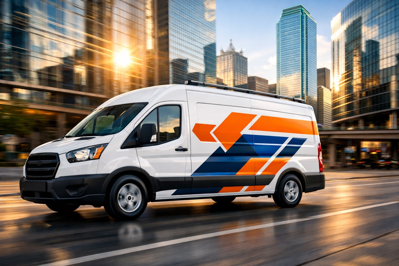 Commercial work van with custom vinyl decals driving through a Dallas urban corridor.