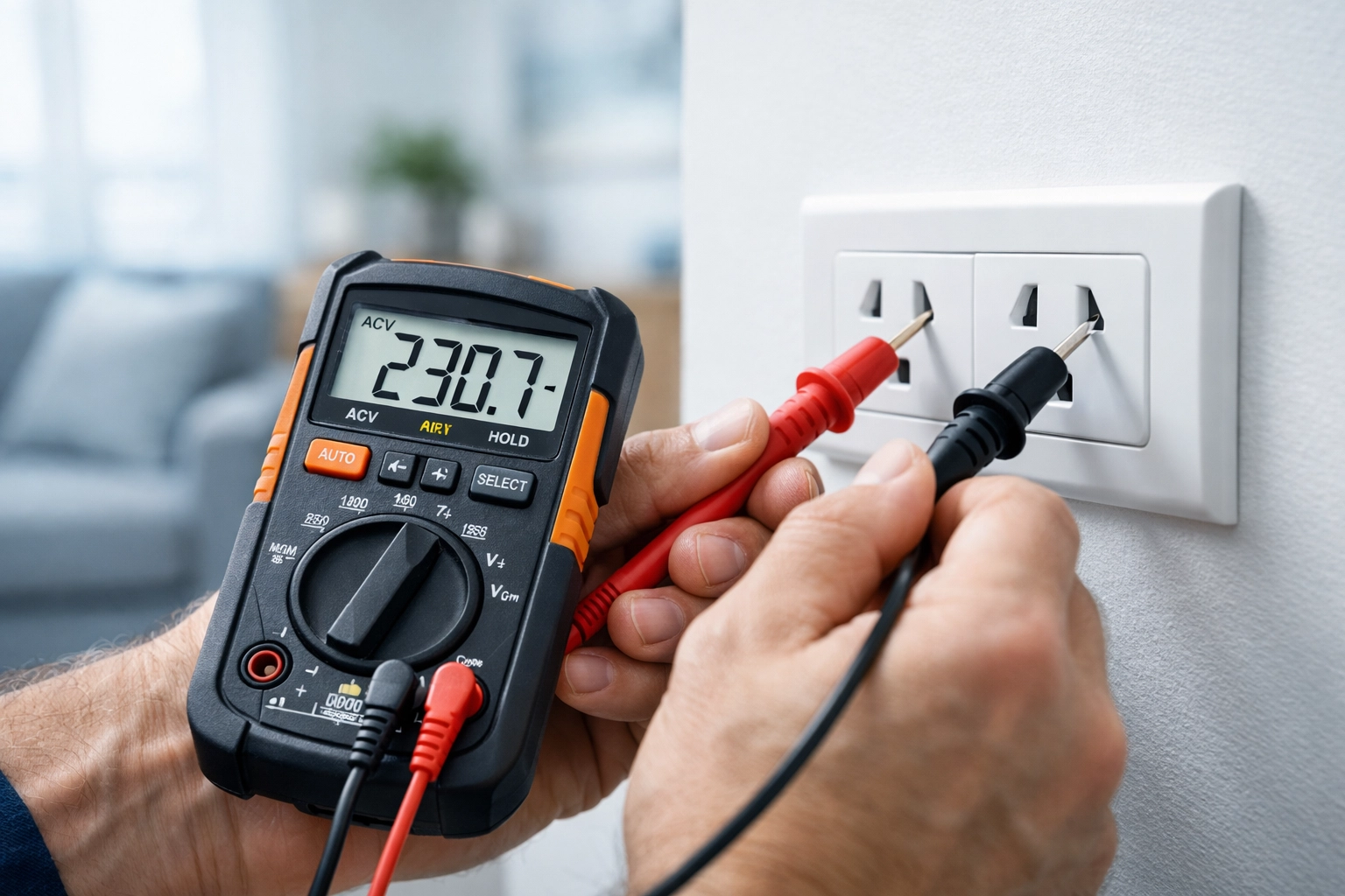 Qualified electrician Dorset testing a wall socket for safety in a Poole home.