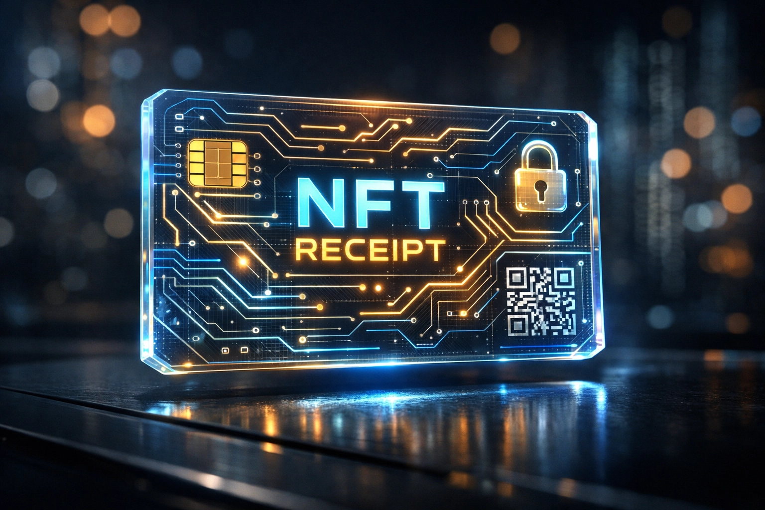 Futuristic digital NFT receipt for Larecoin purchases stored securely on the LareBlocks Layer 1 blockchain.
