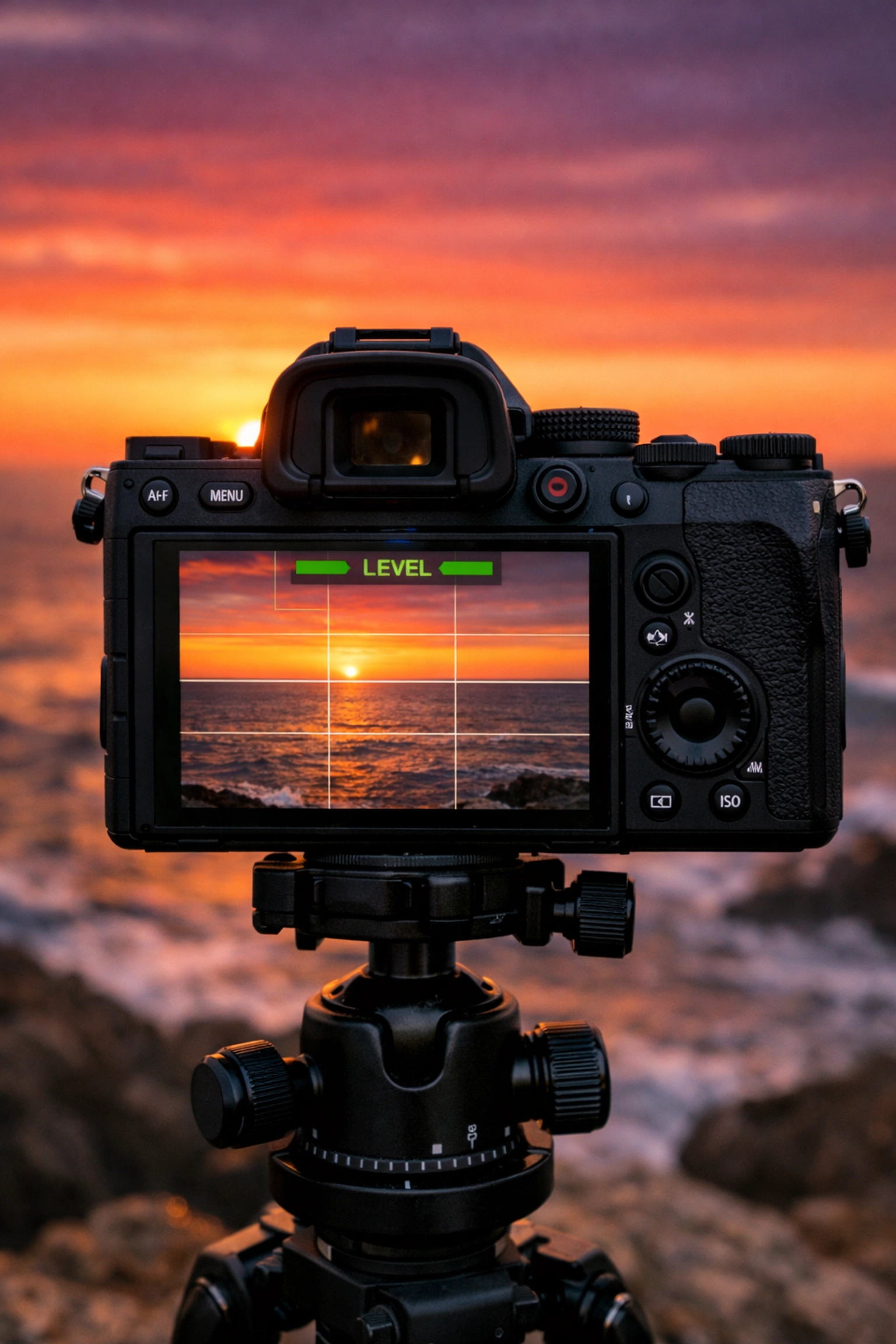 Camera on a tripod at sunset using a digital level to fix landscape photography mistakes and crooked horizons.