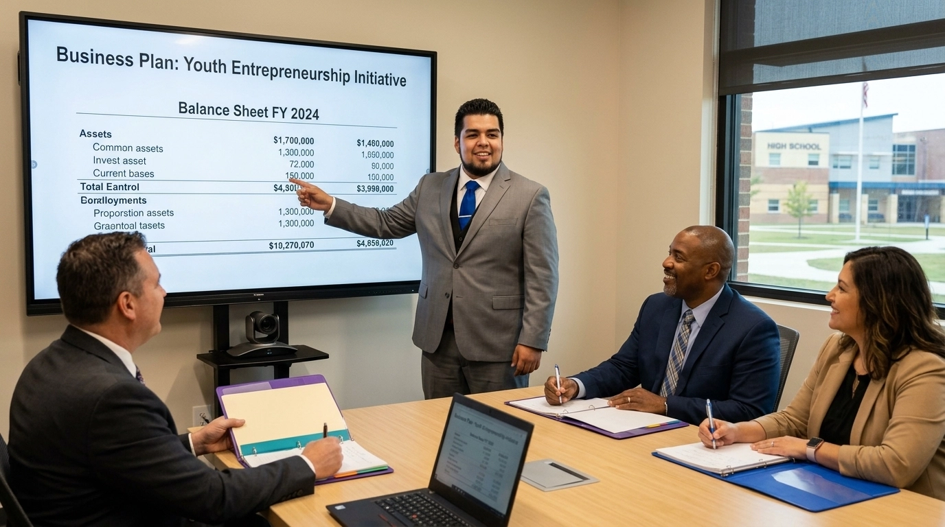A student presenting a business plan to the school administration management board