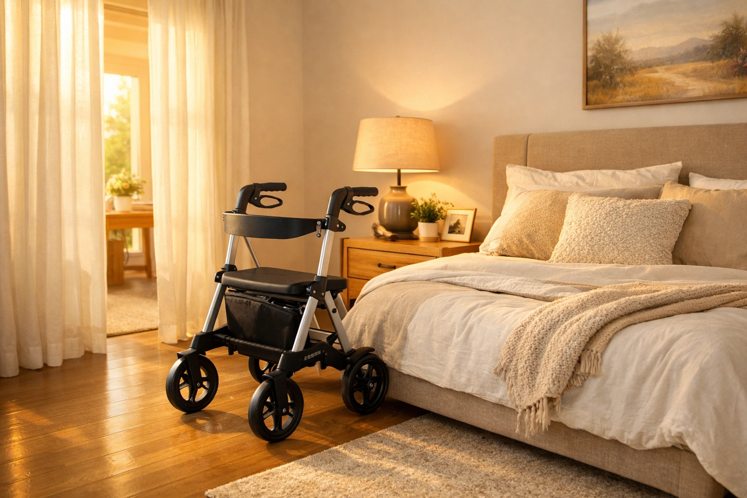 A walker placed within easy reach of a bed in a clear, well-lit bedroom for fall prevention.