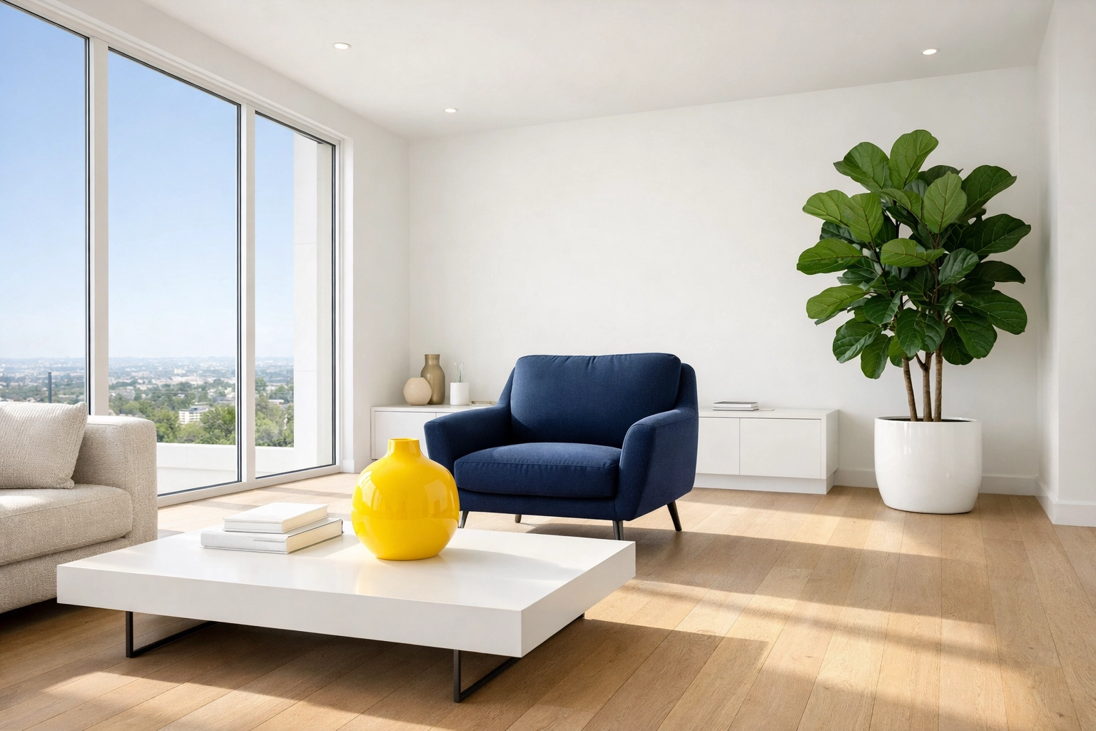 A sun-drenched minimalist living room representing a clean, non-toxic, and healthy home sanctuary.